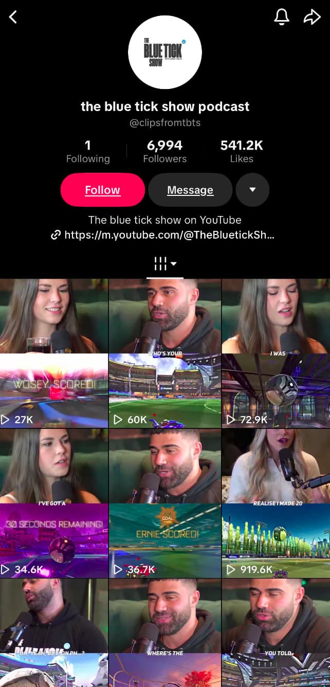 TBTS TikTok grid — 2.6M, 2.7M, 925.8K views